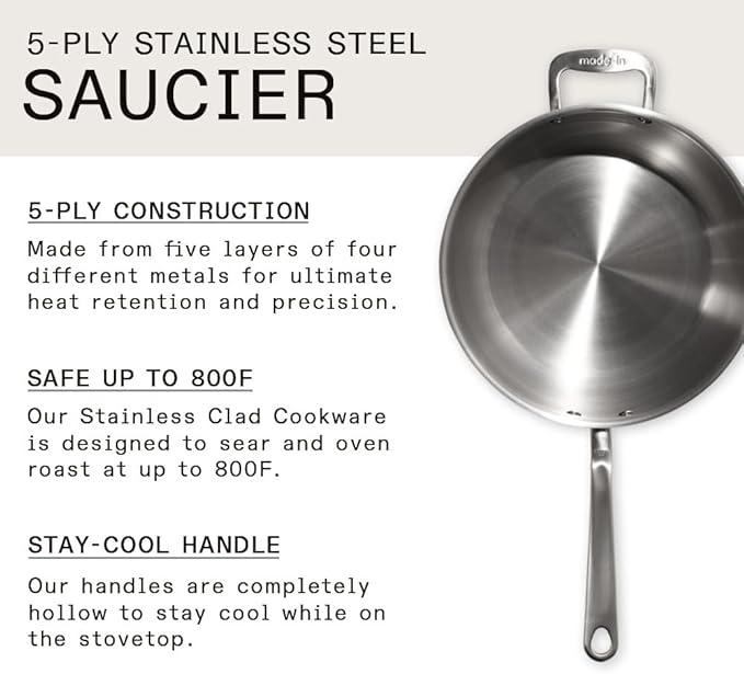 Made In Cookware - 5 Quart Stainless Steel Saucier Pan - 5 Ply Stainless Clad - Professional Cookware - Crafted in Italy - Induction Compatible