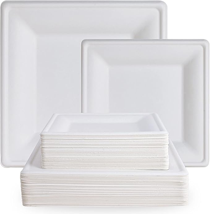 ECOLipak 120 Pack Compostable Paper Plates, 10 inch and 8 inch Heavy Duty Eco friendly Sugarcane Biodegradable Disposable Square Plates for Party Dinner Birthday