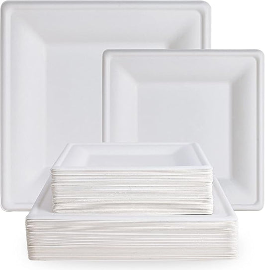 ECOLipak 120 Pack Compostable Paper Plates, 10 inch and 8 inch Heavy Duty Eco friendly Sugarcane Biodegradable Disposable Square Plates for Party Dinner Birthday