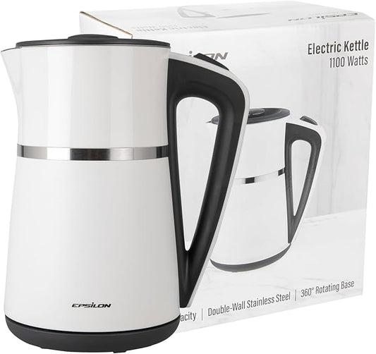 Epsilon Double Wall Electric Kettle 1500W – 1.7L Hot Water Tea Kettle & Hot Water Boiler with Auto Shut-Off, Boil Dry Protection, BPA-Free Stainless Steel Electric Teapot, Fast Boil, Cool Touch Design