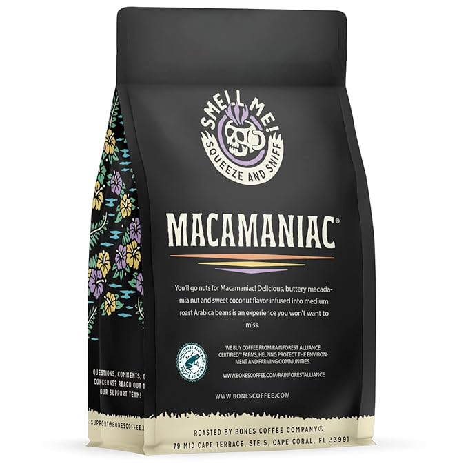 Bones Coffee Company Macamaniac, Macadamia and Coconut Flavored Coffee, Medium Roast Low Acid Arabica Beans Compatible with Auto drip and French Press Coffee Maker, 12 Oz Whole Bean