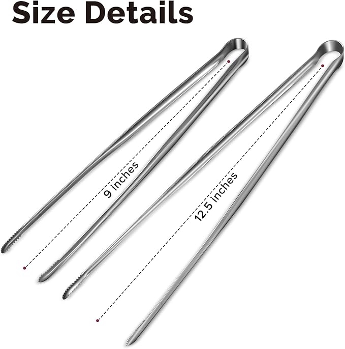 Precision Serrated Non-Slip Tips Cooking Tongs 2 Set (9" & 12"), One-Piece Easy to Control Stainless Steel Kitchen Tweezer Tongs, Multi-Purpose Food Tweezers for Baking, Food Plating, BBQ
