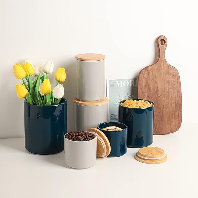 Sweejar Ceramic Kitchen Canister Sets, Porcelain Container for Countertop, Heavy Food Storage Jars with Airthight Seal Bamboo Lid, Servering for Sugar, Coffee Beans, Tea Leaves, Pack of 4（Gray）