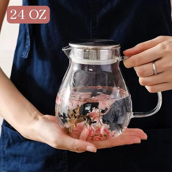 IwaiLoft Glass Teapot with Removable Stainless Steel Filter Lid Stovetop & Microwave Safe Borosilicate Glass Kettle for Loose Leaf, Blooming Tea And Coffee Sharing (24OZ)
