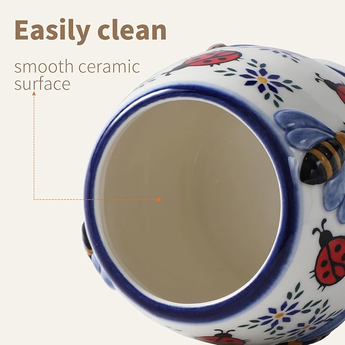 ZOOBEE Ceramic Honey Jar with Dipper and Lid,10oz Honey Pot with Embossed Bees, Handpainted Honey Container for Home Kitchen Decor, Dishwasher Safe- Summernight Ladybug