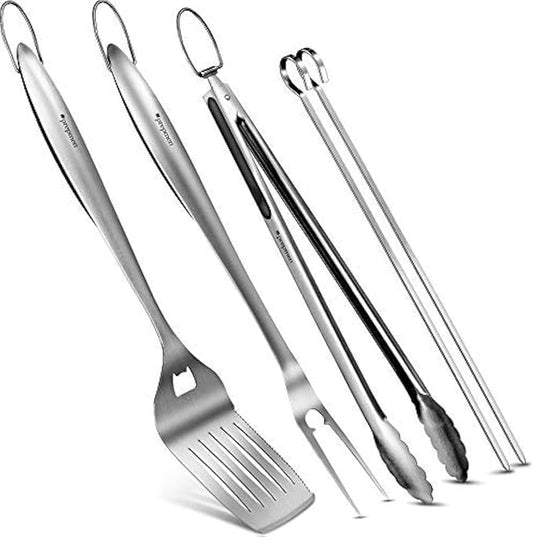 BBQ Set Grilling Tool Set, Heavy Duty, Spetula Fork Tong and 2 Skewers. (5 Piece.)