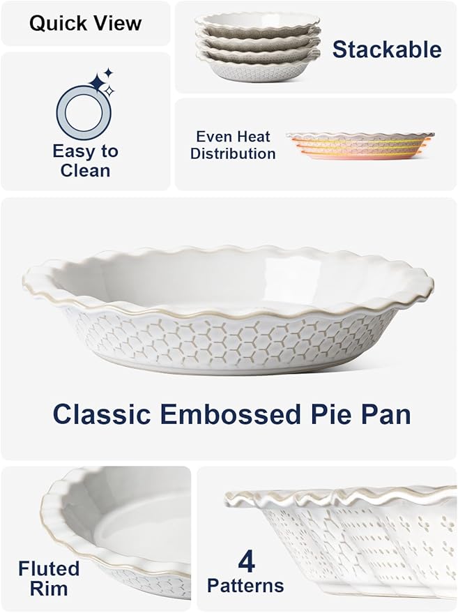 LE TAUCI Pie Pans for Baking 9 Inch, Ceramic Pie Plate for Apple Pie, Round Baking Dish Oven Safe, Embossment Housewarming Wedding Present - 36 OZ, Set of 1, Honey Comb, Arctic White