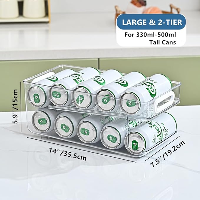 Xicennego Upgrade 2-Tier Rolling Soda Can Storage Organizer for Tall Skinny Soda/Pop Cans, Soda Can Dispenser for Refrigerator, Fridge Can Drink Holder, Plastic Storage Rack for Fefrigerators, Pantry