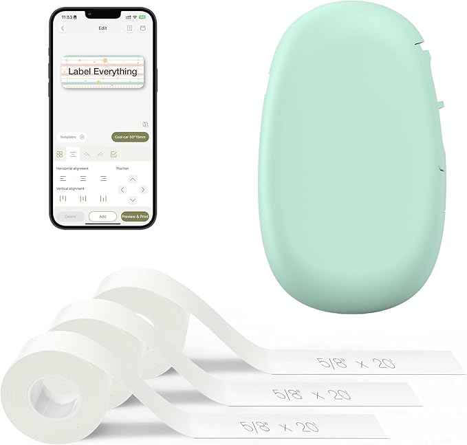 SUPVAN E10 Bluetooth Label Maker Machine with 3 Tapes, Continuous Waterproof Label, Versatile App with 35 Fonts and 1k+ Icons, Inkless Labeler for Home, Kitchen, School, Office Organization, Green