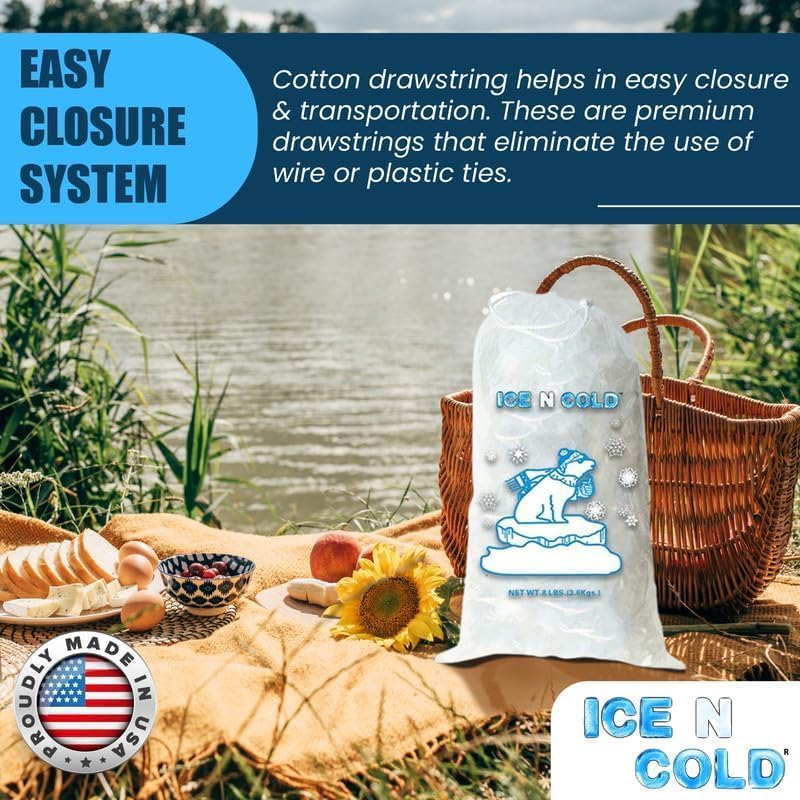 Ice Bags with Drawstring Closure | 20lb, 500ct/cs | 50 mic Thickness | Portable Storage and Freezer Keeper