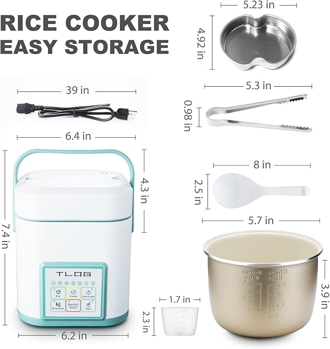 TLOG Mini Rice Cooker 2.5 Cups Uncooked, Healthy Ceramic Coating Portable Rice Maker, 1.2L Travel Rice Pot Small for 1-3 People, Personal Rice maker, Food Steamer, Multi-cooker for Grains, Oats