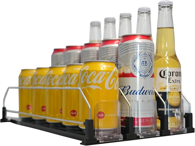 Upgraded Drink Organizer for Fridge – Adjustable Width Soda Can Organizer with Automatic Glide, Space-Saving Refrigerator Can Dispenser Holds Up to 25 Cans – Drink Holder for Fridge (3 Rows, Black)