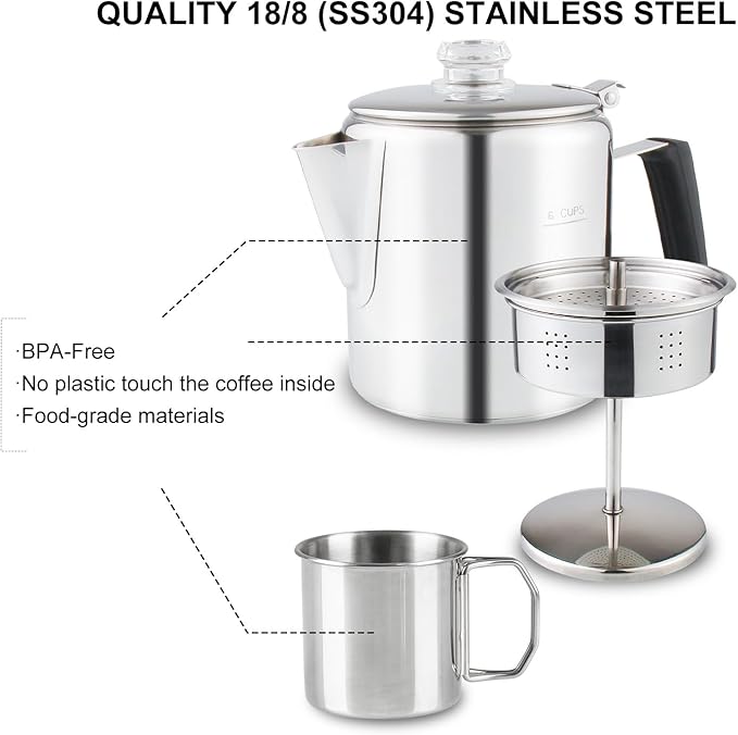 Multi Use 6 Cup Coffee Pot Bundle Coffee Percolator with 2 Mugs Stainless Steel Coffee Maker with Two Heat Resistant Tough Borosilicate Glass Knob Fireproof Silica Handle Using on any Stovetop