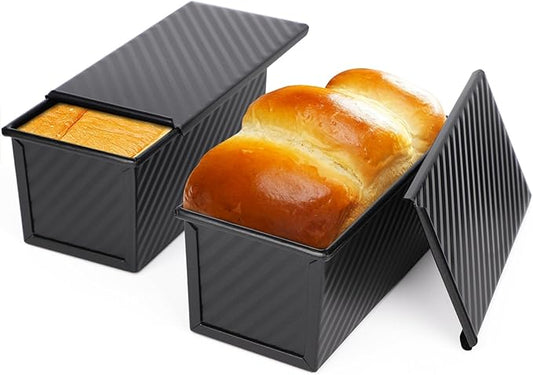 Beasea Pullman Loaf Pan with Lid, 2 Pack 0.5 lb Small Non-Stick Bread Loaf Pans Carbon Steel Mini Bread Toast Box for Homemade Bread Toast Oven Baking - Black