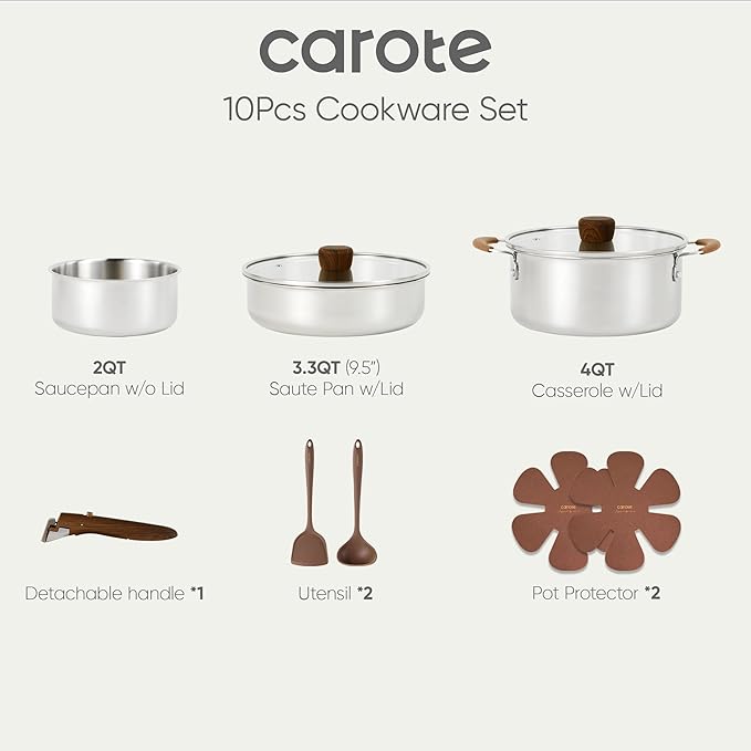 CAROTE 10pcs Stainless Steel Cookware Set with Detachable Handle, Pots and Pans Set, Induction Kitchen Cooking Sets, RV/Camping Cookware, Removable Handle, Oven Safe, Woodgrain