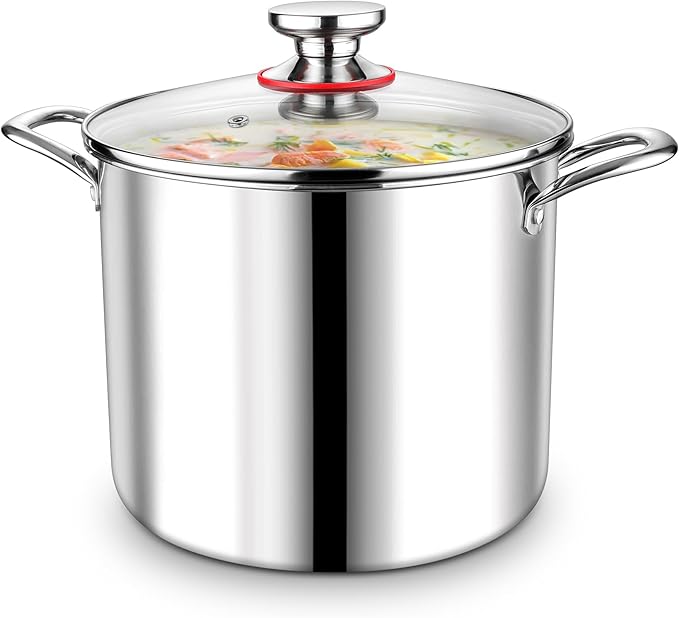 P&P CHEF 10 Quart Tri-Ply Stainless Steel Stockpot, Stock Pot with Visible Lid for Soup Pasta Vegetable, Induction Cooking Pot for All Stoves, Sturdy & Double Handle, Dishwasher Safe