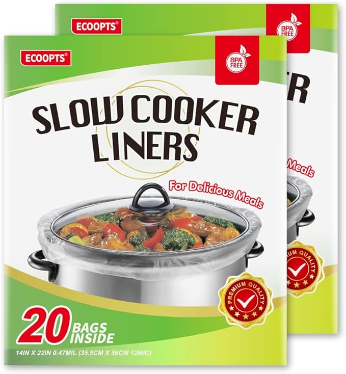 40 Count Disposable Slow Cooker Liners and Cooking Bags | Extra Large Size Fits 6-10 QT Pot, 14"x 22" | Suitable for Oval & Round Pot, BPA Free (2 Pack)