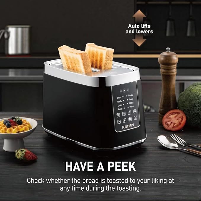 Smart Toaster Touchscreen, KETIAN Automatic Electric Digital Toaster 2 Slice, 7 Browning Settings, Preset Modes for 7 Types of Bread, 1400W