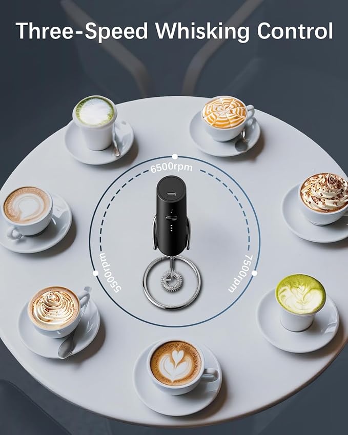 Rechargeable Milk Frother with Stand, Electric Frother Wand Handheld Coffee Foam Maker Detachable Stainless Steel Whisk Drink Mixer Foamer for Latte, Cappuccino, Hot Chocolate, Egg (Black)