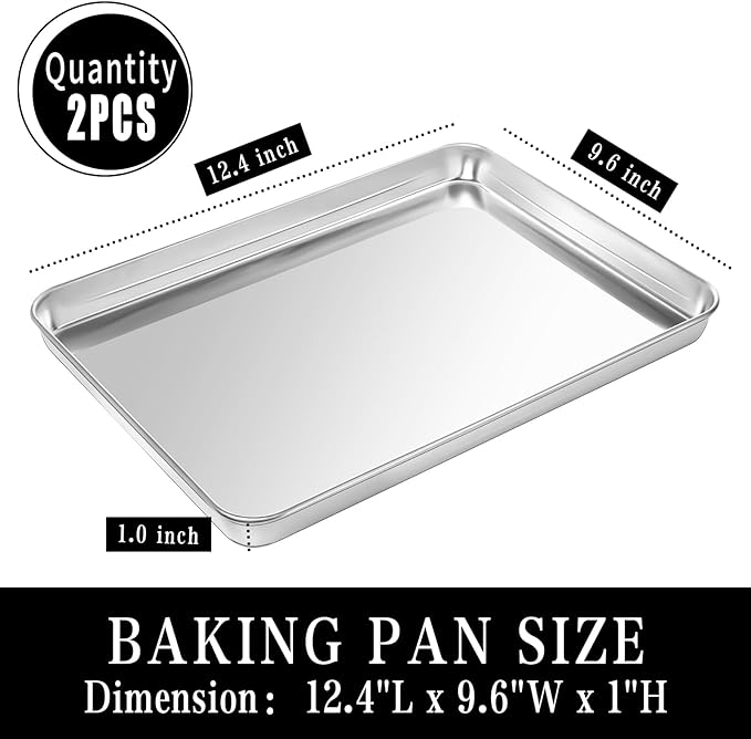 Stainless Steel Baking Sheet Set, 2 Pcs Quarter Cookie Sheet Pan Baking Trays for Oven, Non Stick and Heavy Duty and Easy Clean, 12.4 x 9.6 x 1 Inch