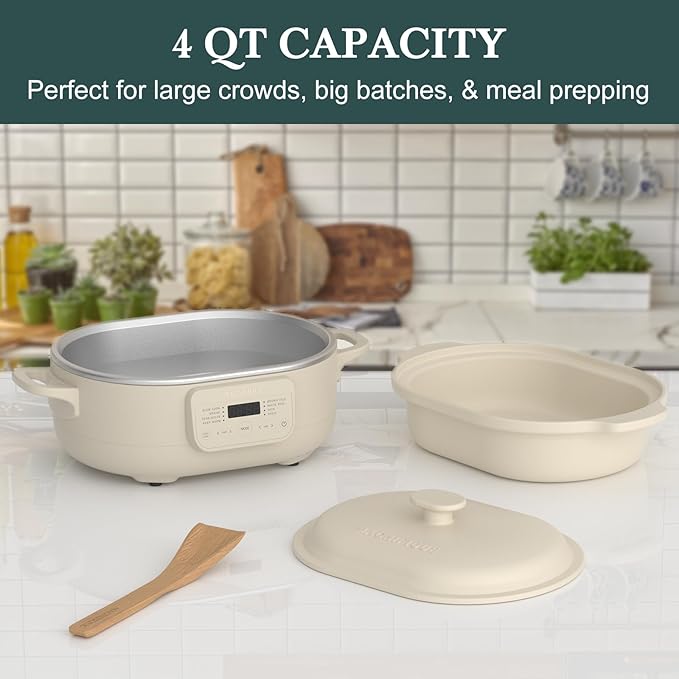 MAGNIFIQUE 4 Quart Claypot Multi-Cooker, with 8-in-1 Casserole Programmable Slow Cooker, Dutch Oven, Pasta, Nonstick Oven Safe Pot to 450°F, Oatmeal