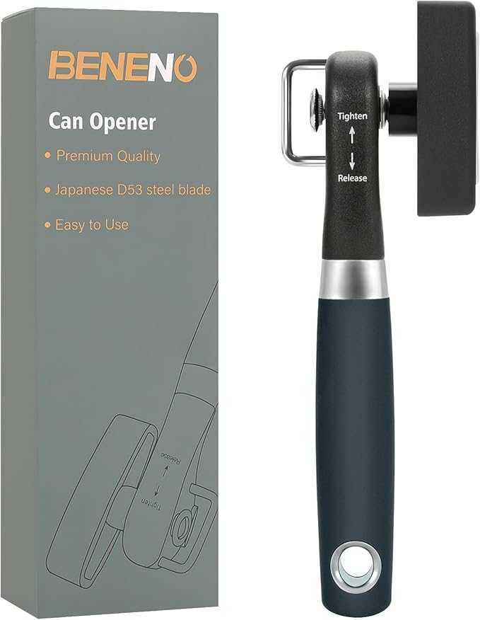 Beneno Can Opener, Manual Side Safe Cut Can Opener Smooth Edge with Durable Sharp Blade, Effort-Saving Knob & Comfortable Non-slip Handle, Green