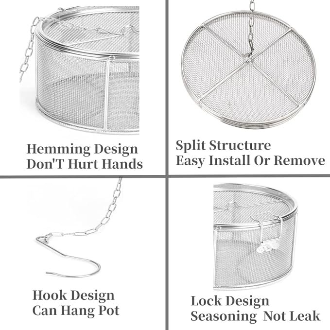 Seasoning Strainer, Large Capacity Stainless Steel Tea Mesh Tea Infuser Strainer with Extended Chain Hook for Brew Loose Leaf Tea and Seasonings, Sliver 5.52 x 3.94