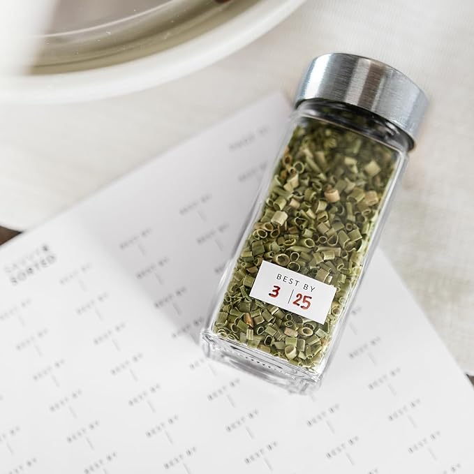 SAVVY & SORTED Glass Jars with 24PK 4oz Containers for Herbs and Seasonings – Includes Pepper Grinder, 374 Labels, Funnel, Shaker Lids & Empty Bottles