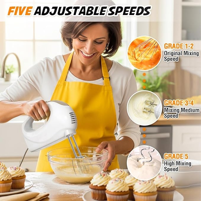 Hand Mixer, 5 Speed Electric Cake Whisk Food Mixer Self-Control/Turbo Boost with 5 Stainless Steel Accessory Food Beater for Cake Bread (one size)