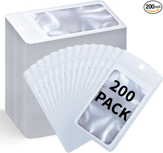200 Pack Resealable Mylar Holographic Bags Food Storage Smell Proof Bags with Front Window Foil Packaging Pouch for Candy Sample Jewelry Small Business 3.15×5.51 Inch, White