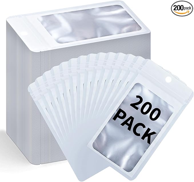 200 Pack Resealable Mylar Holographic Bags Food Storage Smell Proof Bags with Front Window Foil Packaging Pouch for Candy Sample Jewelry Small Business 3.54×6.29 Inch, White