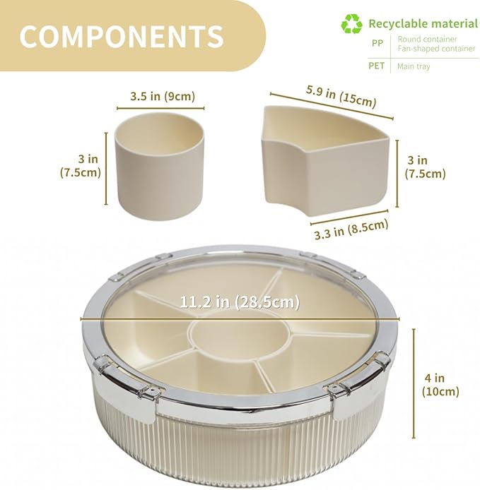 Snackle Box Container, Round Divided Serving Tray with lid 6parts for Veggie, Candy and Nuts Organizer for Travel, Party and Picnic (Cream/Silver)