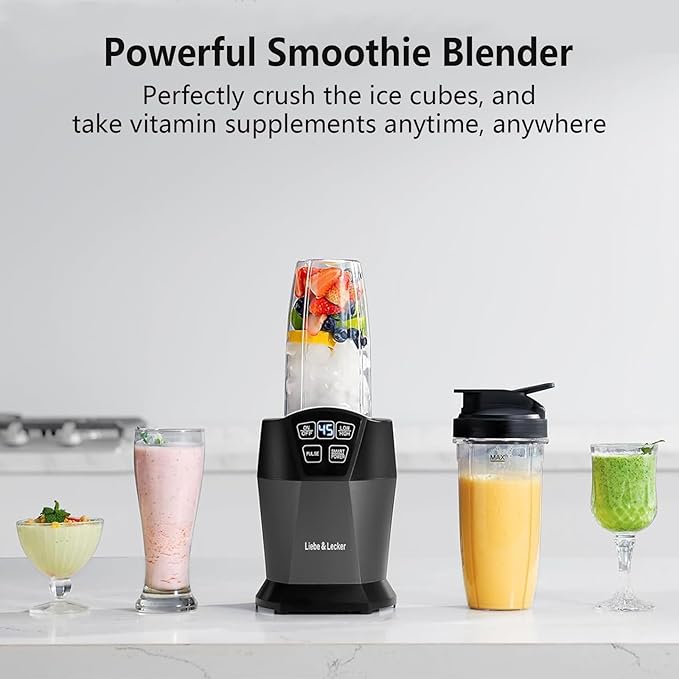 Liebe&Lecker Blender with 1200W-Peak-Watts, Powerful Smoothie Blender Smart Technology Blended Frozen Fruit for Smoothies, with Two 28-oz To-go Cups & Spout Lids