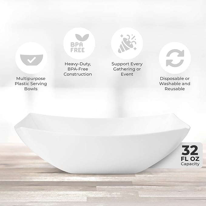 Posh Setting - White Plastic Serving Bowls for Party (32oz - 4 Pack) Square Bowls, Disposable Chip Bowls, Candy Bowls for Party Table, Salad & Fruit Bowls for Party, Candy Containers for Candy Buffet