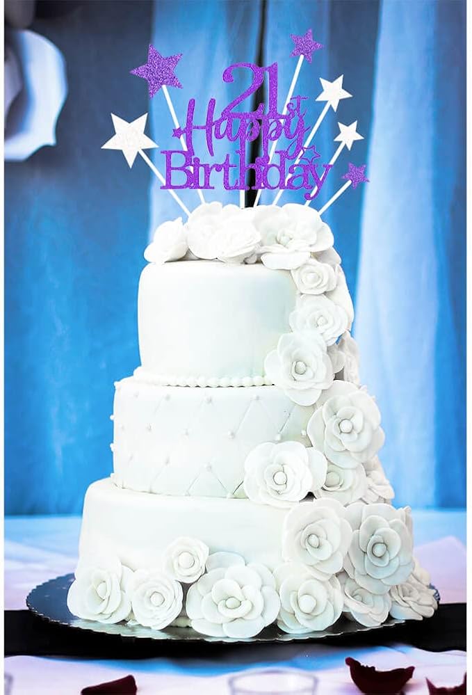 Glittery 21st Happy Birthday Cake Topper with Star,Personalised 21 Birthday Cake Toppers Party Decorations Party Supplies for Boys Girls Purple Silver