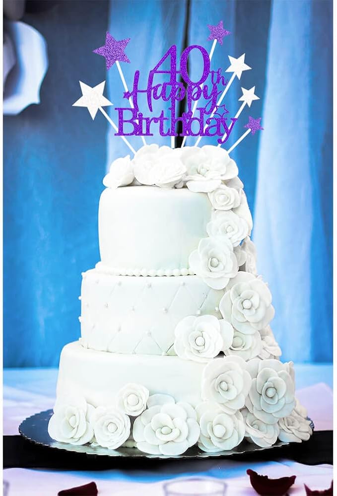 Glittery 40th Happy Birthday Cake Topper with Star,Personalised 40 Birthday Cake Toppers Party Decorations Party Supplies for Men Women Purple Silver