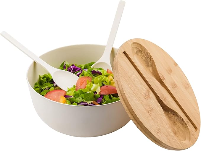Bamboo Fiber Salad Bowl with Servers Set Large 9.8inches Nature Bamboo Mixing Bowl with Servers with Lid Spoon and Fork for Fruits,Salads and Vegetables