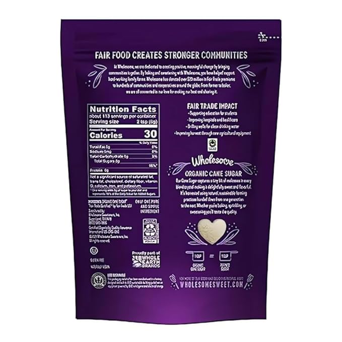 Wholesome Organic Cane Sugar, Fair Trade, Non GMO & Gluten Free, 1 Pound (Pack of 12)