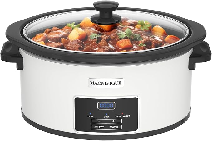 6-Quart Programmable Slow Cooker with Timer Keep Warm - Small Kitchen Appliance for Family Dinners - Serves 6+ People - Heat Settings: Keep Warm(White, Black Liner)