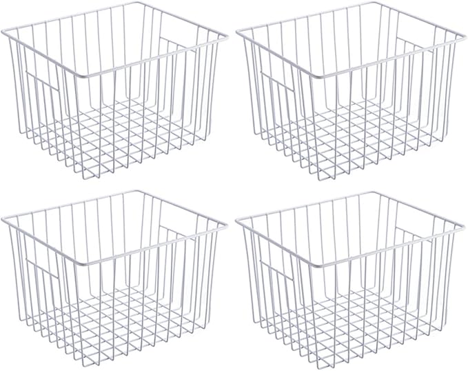 Slideep Freezer Baskets Storage Basket Organizers, Deep Wire Farmhouse Bins Container with Handles for Kitchen, Pantry, Cabinet, Car, Bathroom Pearl White, 4 Pack