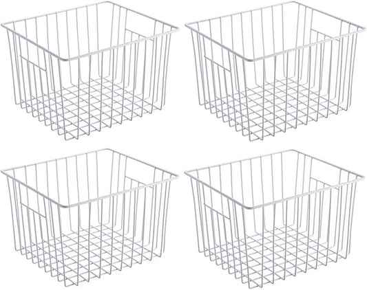 Slideep Freezer Baskets Storage Basket Organizers, Deep Wire Farmhouse Bins Container with Handles for Kitchen, Pantry, Cabinet, Car, Bathroom Pearl White, 4 Pack