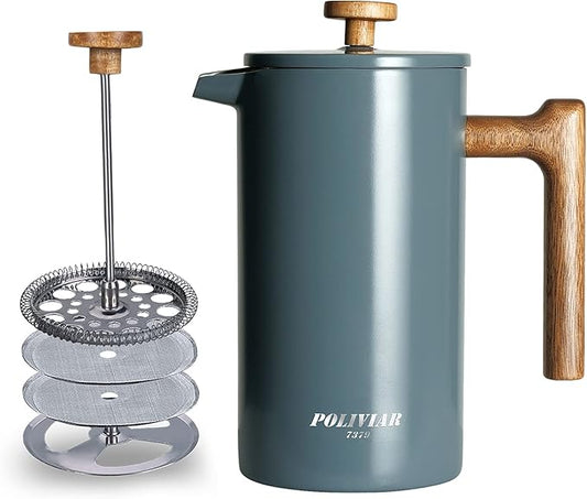 POLIVIAR French Press Coffee Maker, 34 oz Coffee Press with Real Wood Handle, Double Wall Insulation & Dual-Filter Screen, Food Grade Stainless Steel for Good Coffee and Tea (Alpline)