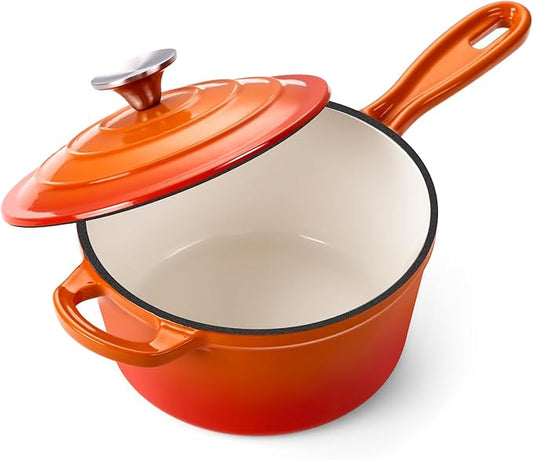 2 Quart Saucepan with Lid, Onader Enameled Cast Iron Sauce Pan, Small Cooking Sauce Pot, Enamel Dutch Oven Pot Nonstick – Sunset Orange