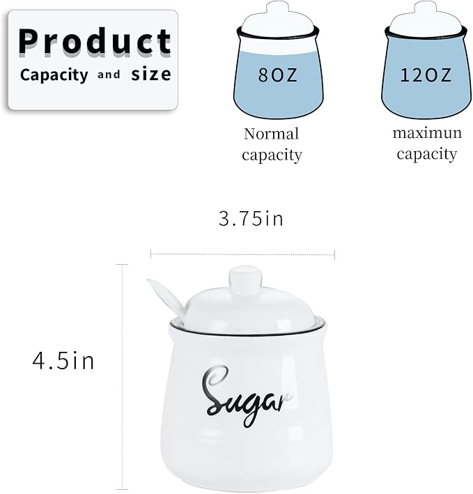 HAOTOP Farmhouse Porcelain Sugar Bowl with Lid and Spoon 12oz,Easy to Clean (White)