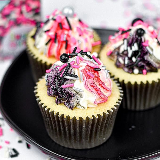 Black Pink Sprinkles for Cake Decorating, Baking - Fancy Minnie Mouse Sprinkles for Cupcake Decorating - Edible Minnie Mouse Cake Decorations in Pink and Black Princess with Jimmies, Pearls