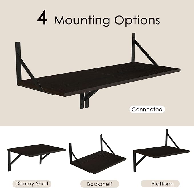 DINZI LVJ Deep Floating Shelves, 16" W x 12" D Wall Shelves Set of 2, Wide Display Shelf Wall Mounted with Brackets, Easy-to-Install Wall Bookshelf for Living Room, Bathroom, Bedroom, Espresso