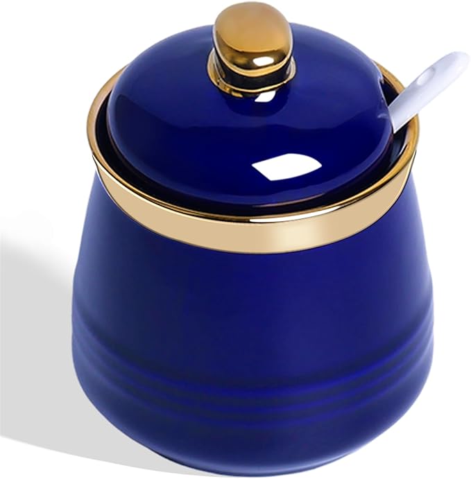 HAOTOP 12oz Sugar Bowl with Lid and Spoon,Simple Ceramic Sugar Jar Sugar Container Sugar Dispenser Coffee Bar Accessories, Modern Kitchen Countertop Canisters (Navy)