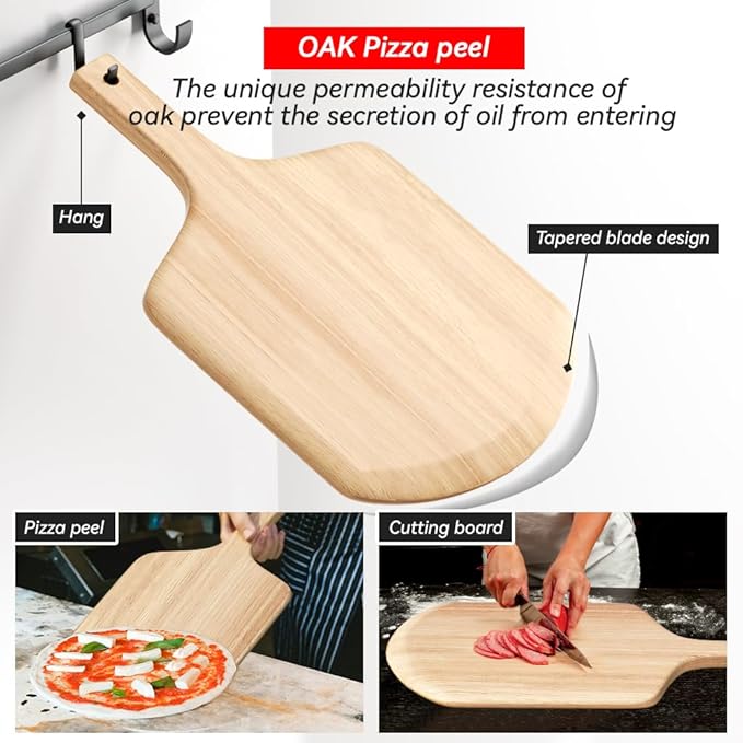 5 PCS Rectangle Pizza Stone Set, 16"Large Pizza Stone for Oven and Grill with Pizza Peel(OAK), Pizza Stone Brush,Pizza Cutter & 10pcs Cooking Paper for Free, Baking Stone for Pizza, Bread,BBQ