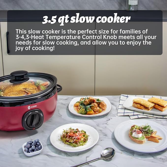 ICOOK USC-35-OP001RD 3.5 Quart Slow Cooker,Aluminium Sear/Sauté Stew Pot Stovetop safe,Dishwasher Safe,Glass Lid,Adjustable Temp,Food Warmer,Red