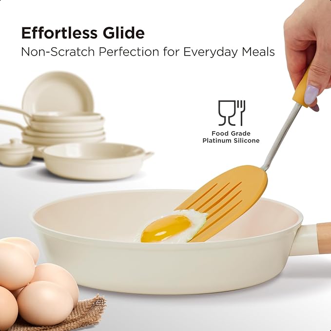 Kitchen Mama WaltzGrip Platinum Silicone Pancake Spatula Turner: Heat-Resistant, Slotted Tapered Head, Stainless Steel Core, Durable, Dishwasher-Safe, Ideal for Flipping and Wok Use (Yellow)